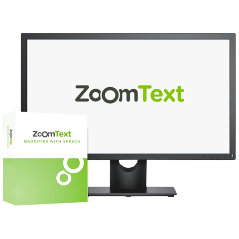 Bilde av produktpakning for ZoomText og en datamonitor
